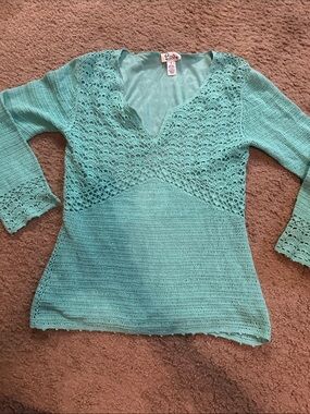Lilly Pulitzer TEAL turquoise Crocheti Tunic Top LS “V” Neckline Small Stunning